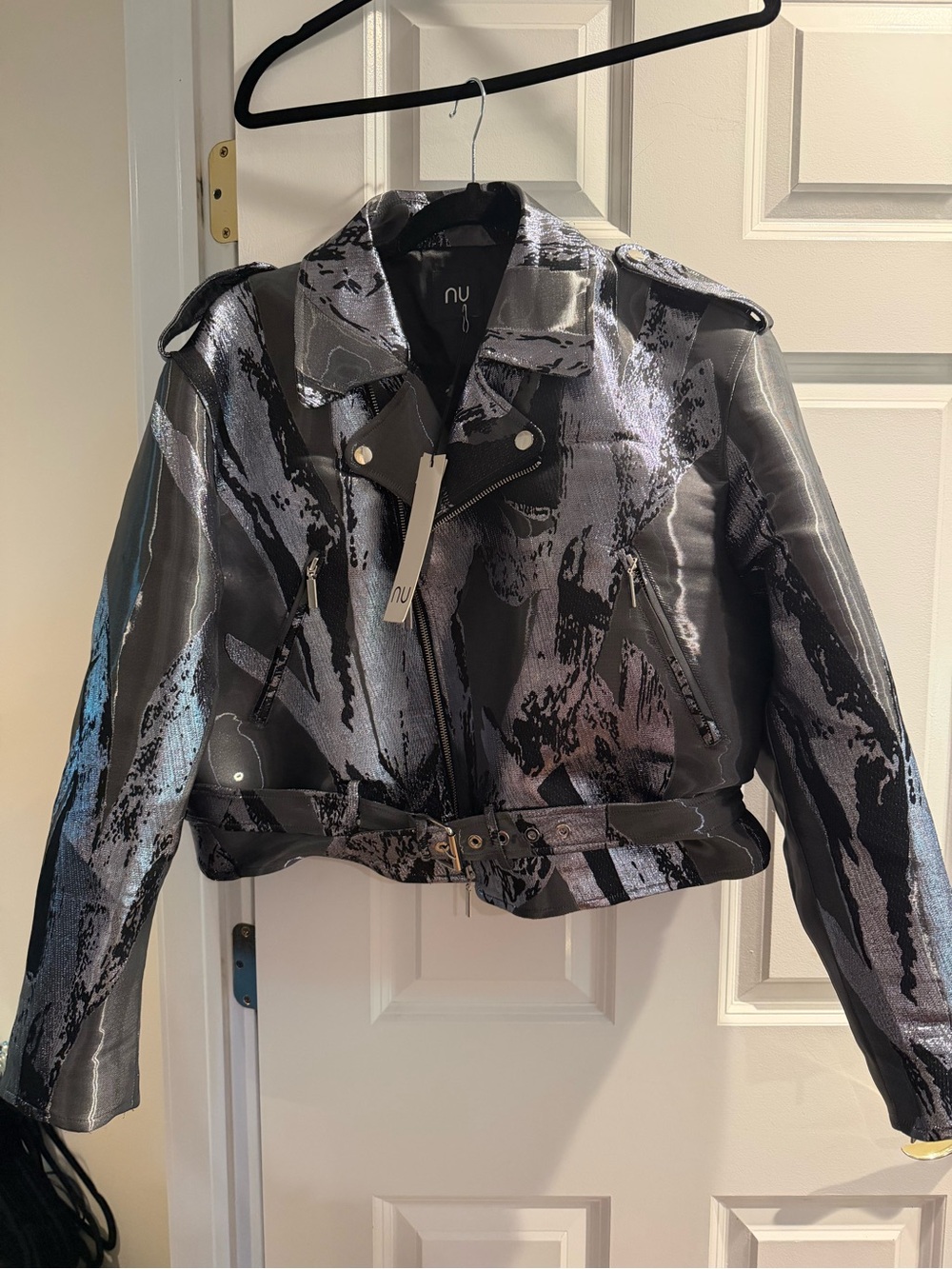 Iridescent Silver Abstract-Print Moto Jacket
